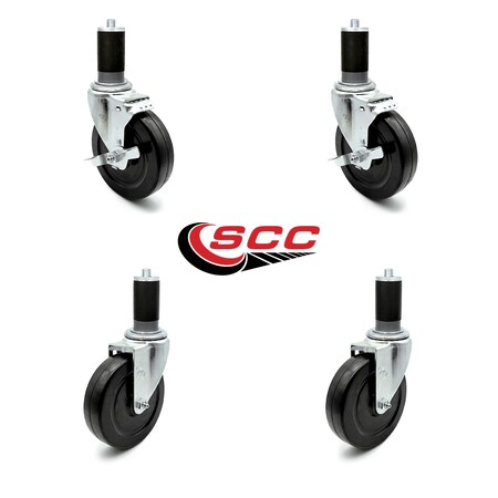 5 Inch Hard Rubber Wheel Swivel 1-3/8 Inch Expanding Stem Caster Brake SCC, 2PK